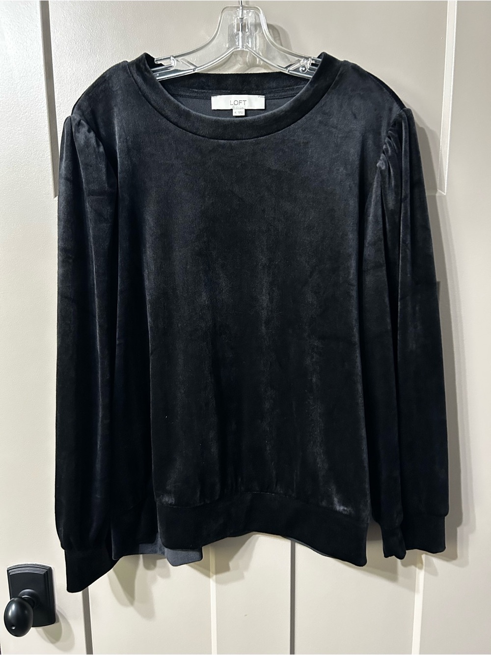 LOFT Black Velvet-Look Pullover Sweater with Puff Sleeves